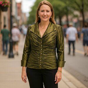 Cachet Olive Green Iridescent Ruched Blouse